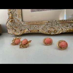 Two pairs of coral and gold earrings